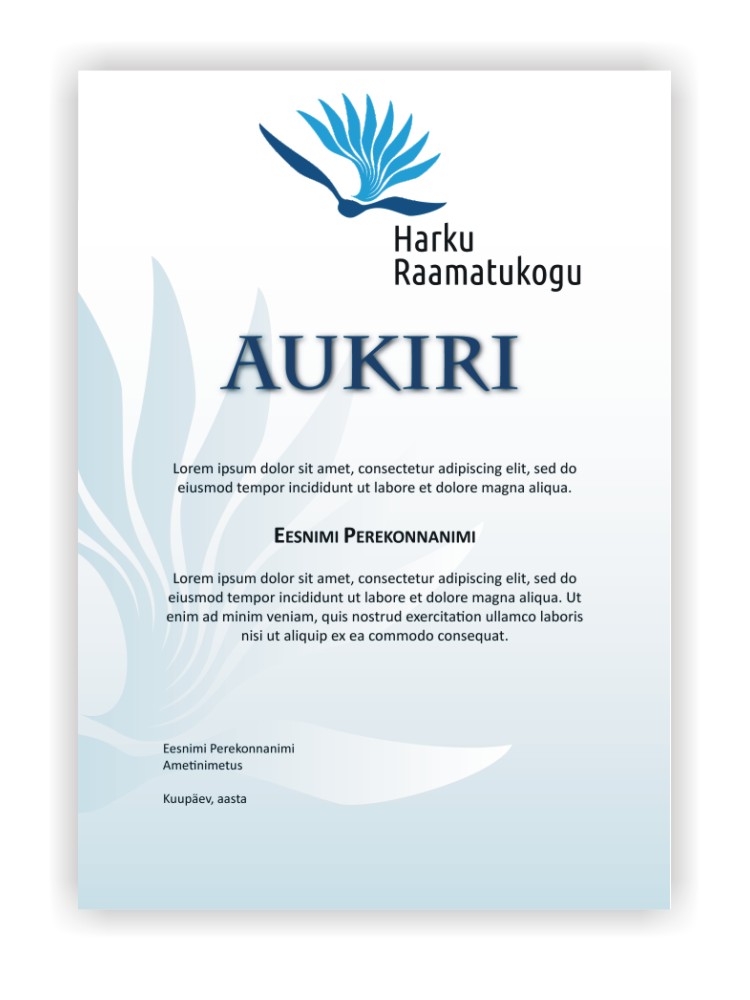 Certificate of honour for Harku Raamatukogu. Design Grafilius OÜ.
